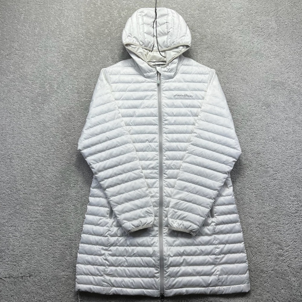 Eddie Bauer Puffer Jacket Womens M White Down Hooded EB650 Parka Long Coat